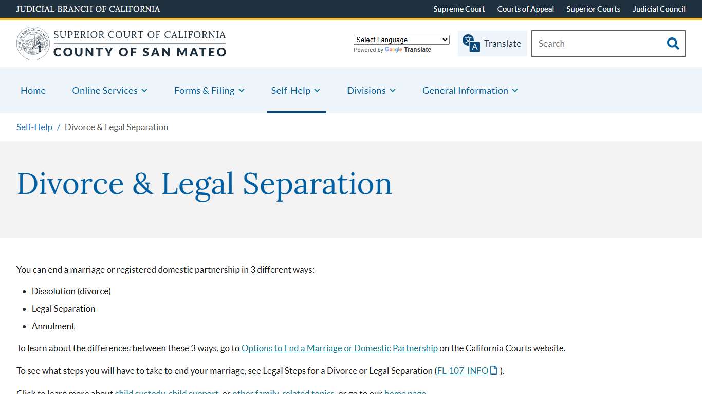 Divorce & Legal Separation | Superior Court of California | County of San Mateo